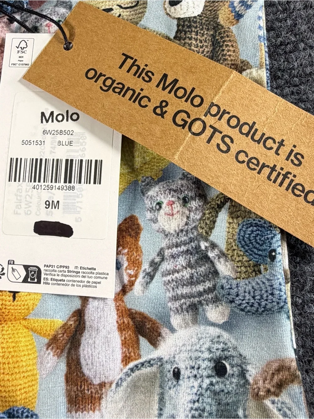 Molo Long-Sleeve Baby Romper All-Over Crochet Cute Animals 9 Months Organic NWT